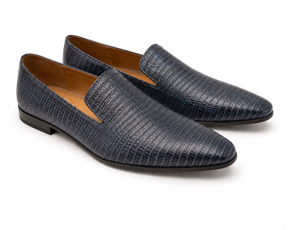 FRANCO SARTO Steel Blue Croc Embossed Leather Loafers Pointed Toe Flats | 5.5